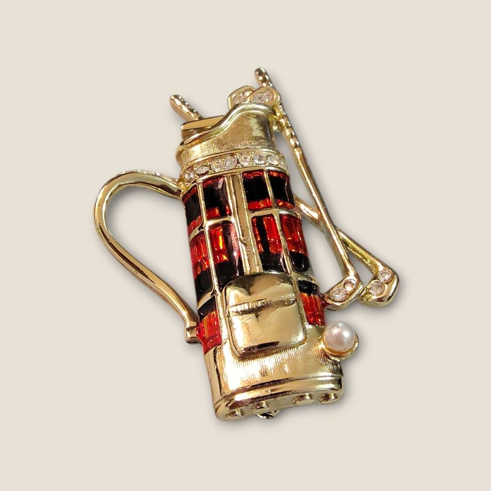 Danecraft Golf Bag Brooch Red & Black Enamel Gold-Tone Rhinestones Pearl Accent - Picture 4 of 4
